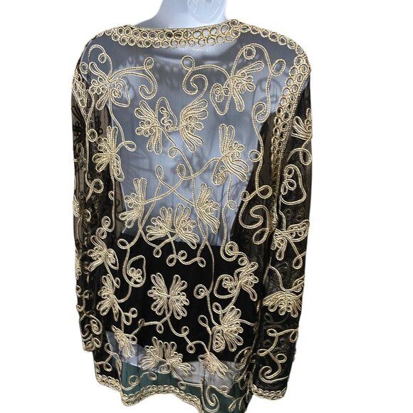 Vtg ISC Womens Blazer Sleeveless Shell L Silk Embroidered Metallic Black Tunic - Picture 12 of 16